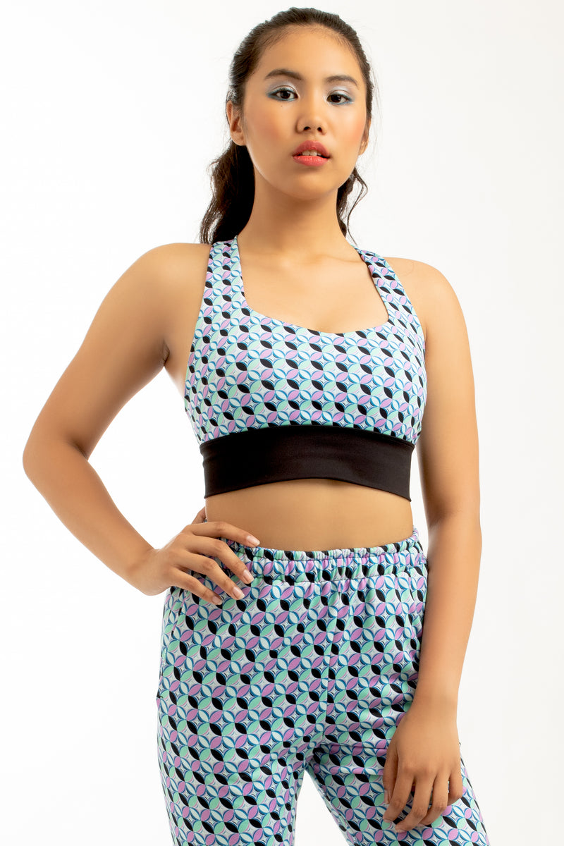 Ronde ou Fleur Sports Bra in Cyan and Black