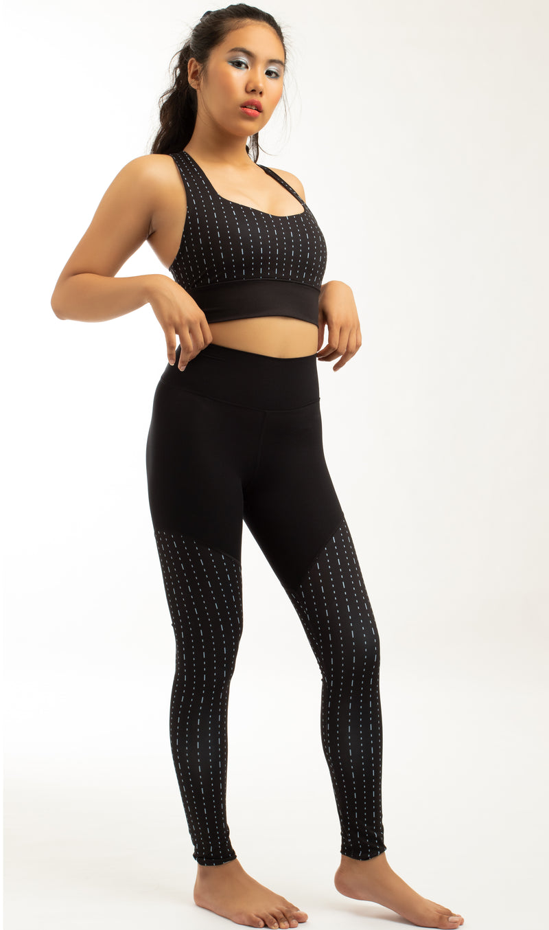 High Waisted Sports Leggings with Dashed Prints in Cerulean and Black